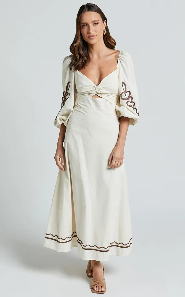 Showpo Isadora Midi Dress 8211 Cut Out Long Sleeve Contrast Embroidery Dress In Natural Women Dresses Showpo Isadora Midi Dress 8211 Cut Out Long Sleeve Contrast Embroidery Dress In Natural Women Dresses