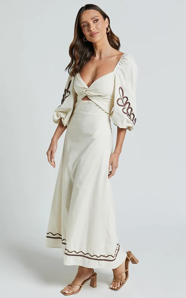 Showpo Isadora Midi Dress 8211 Cut Out Long Sleeve Contrast Embroidery Dress In Natural Women Dresses