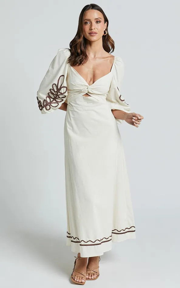 Showpo Isadora Midi Dress 8211 Cut Out Long Sleeve Contrast Embroidery Dress In Natural Women Dresses
