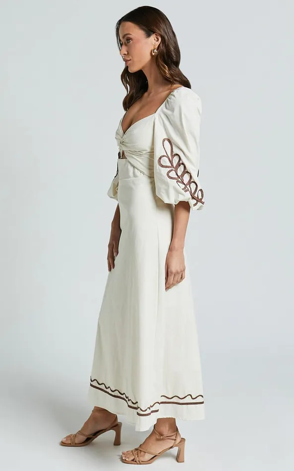 Showpo Isadora Midi Dress 8211 Cut Out Long Sleeve Contrast Embroidery Dress In Natural Women Dresses
