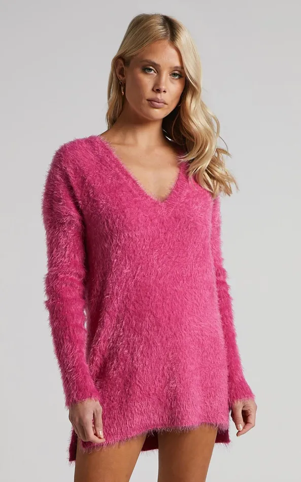 Showpo Ishani Sweater 8211 Oversized V Neck Sweater In Pink Women Knitwear