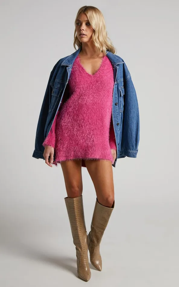 Showpo Ishani Sweater 8211 Oversized V Neck Sweater In Pink Women Knitwear