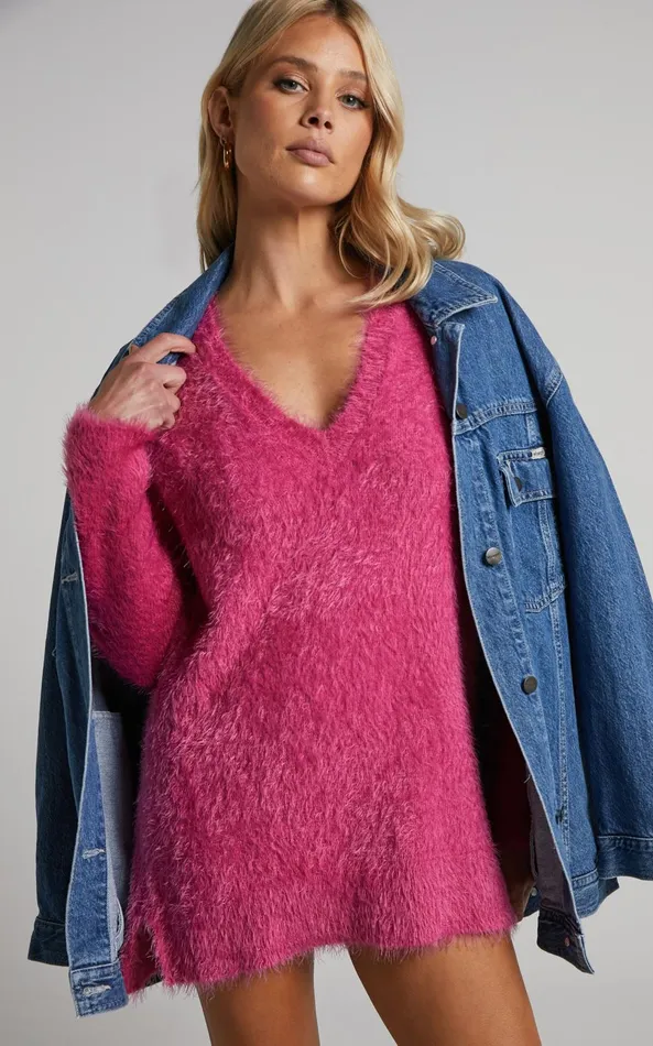 Showpo Ishani Sweater 8211 Oversized V Neck Sweater In Pink Women Knitwear