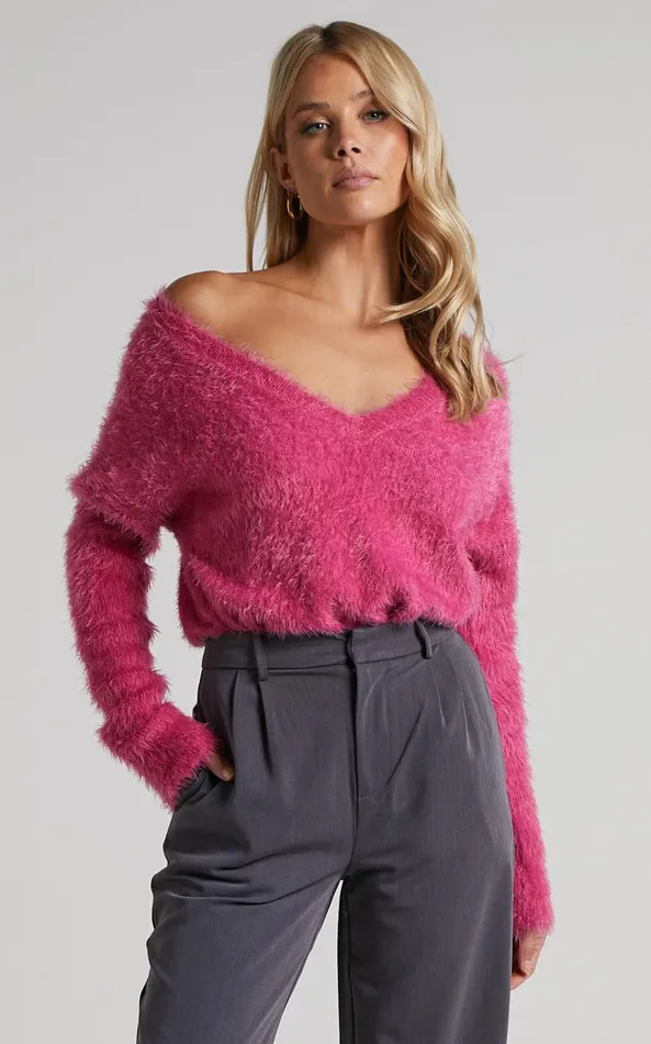 Showpo Ishani Sweater 8211 Oversized V Neck Sweater In Pink Women Knitwear