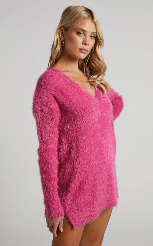 Showpo Ishani Sweater 8211 Oversized V Neck Sweater In Pink Women Knitwear