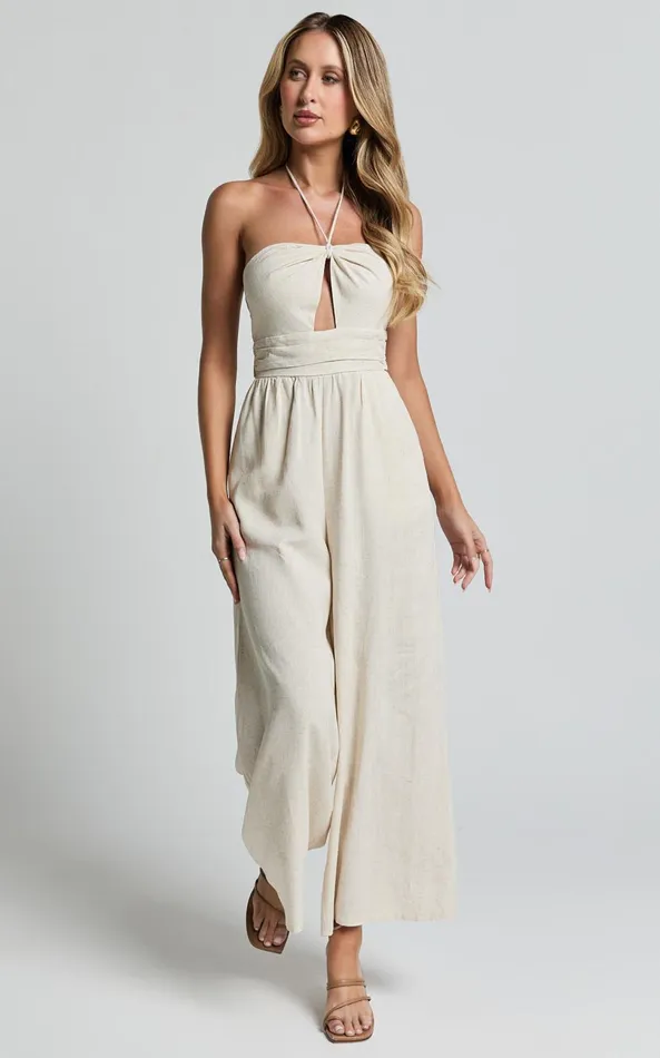 Showpo Isla Jumpsuit 8211 Linen Look Halter Neck Jumpsuit In Beige Women Jumpsuits