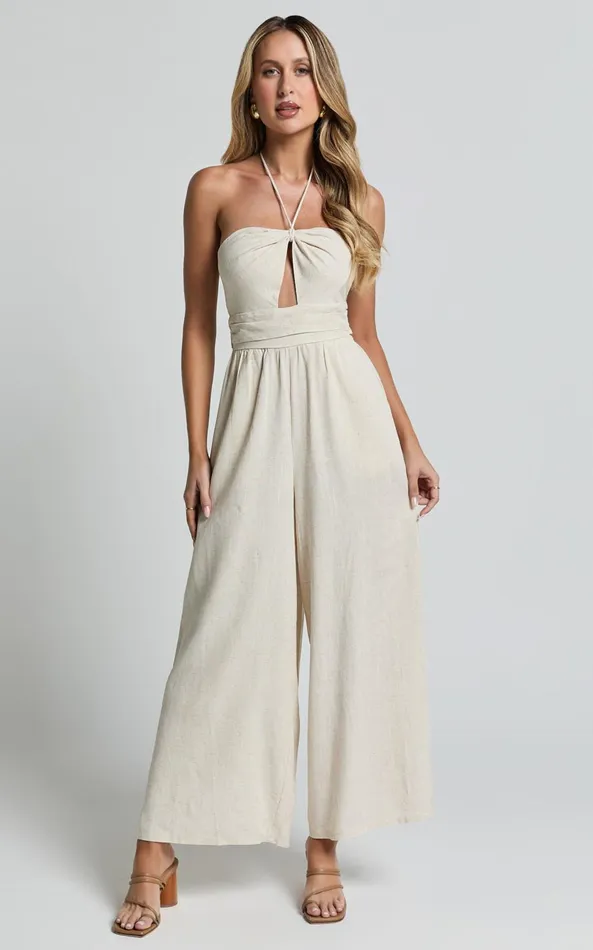 Showpo Isla Jumpsuit 8211 Linen Look Halter Neck Jumpsuit In Beige Women Jumpsuits