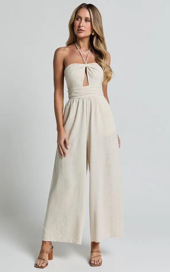 Showpo Isla Jumpsuit 8211 Linen Look Halter Neck Jumpsuit In Beige Women Jumpsuits