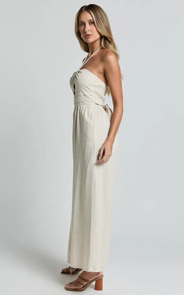 Showpo Isla Jumpsuit 8211 Linen Look Halter Neck Jumpsuit In Beige Women Jumpsuits