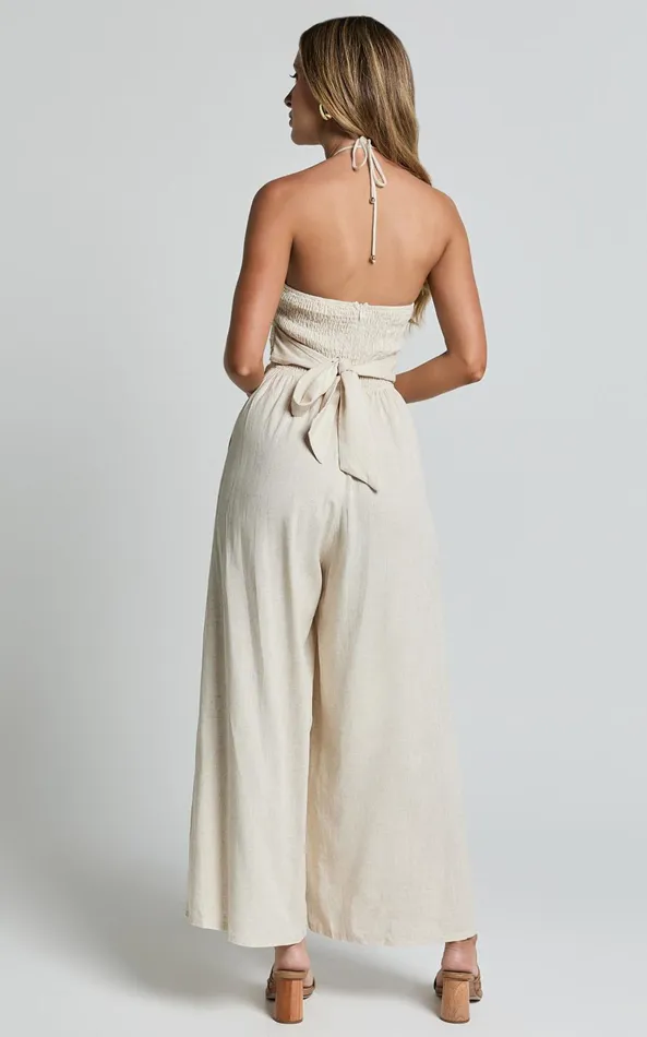 Showpo Isla Jumpsuit 8211 Linen Look Halter Neck Jumpsuit In Beige Women Jumpsuits