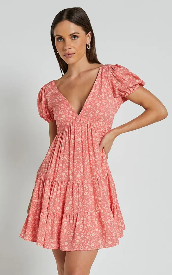 Showpo Isla Mini Dress 8211 V Neck Tiered Dress In Coral Floral Women Dresses Showpo Isla Mini Dress 8211 V Neck Tiered Dress In Coral Floral Women Dresses