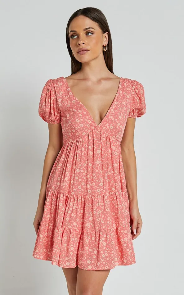 Showpo Isla Mini Dress 8211 V Neck Tiered Dress In Coral Floral Women Dresses