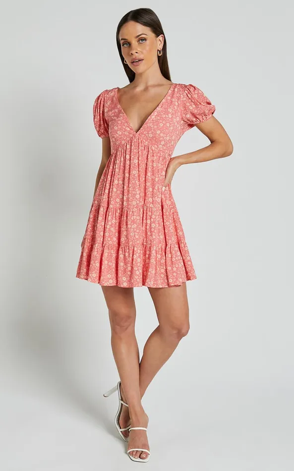 Showpo Isla Mini Dress 8211 V Neck Tiered Dress In Coral Floral Women Dresses