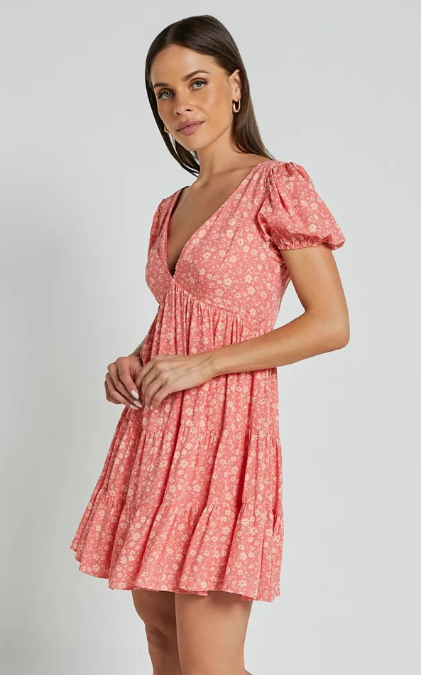 Showpo Isla Mini Dress 8211 V Neck Tiered Dress In Coral Floral Women Dresses