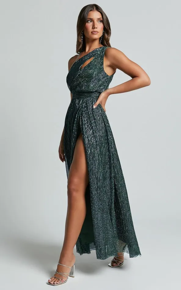 Showpo Isra Maxi Dress 8211 Lurex Slit Cut Out One Shoulder Dress In Emerald Women Dresses