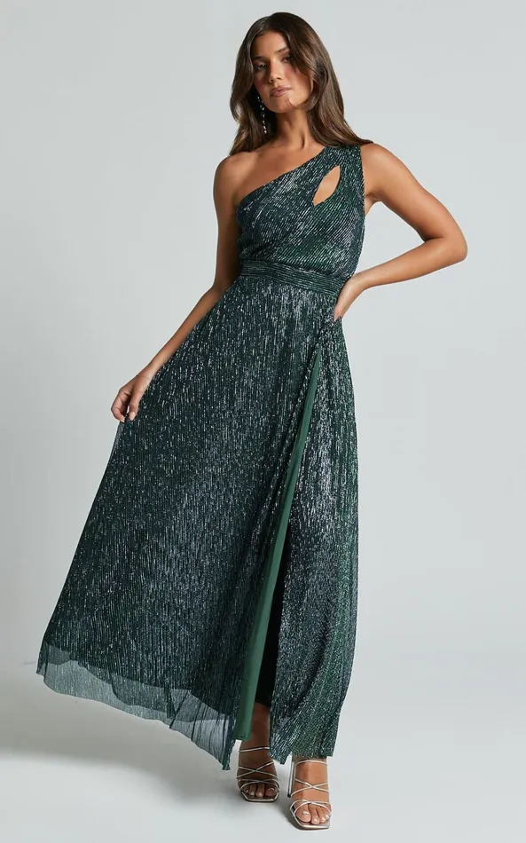 Showpo Isra Maxi Dress 8211 Lurex Slit Cut Out One Shoulder Dress In Emerald Women Dresses