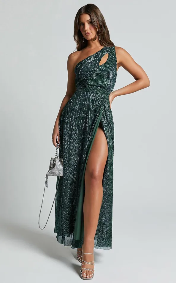 Showpo Isra Maxi Dress 8211 Lurex Slit Cut Out One Shoulder Dress In Emerald Women Dresses
