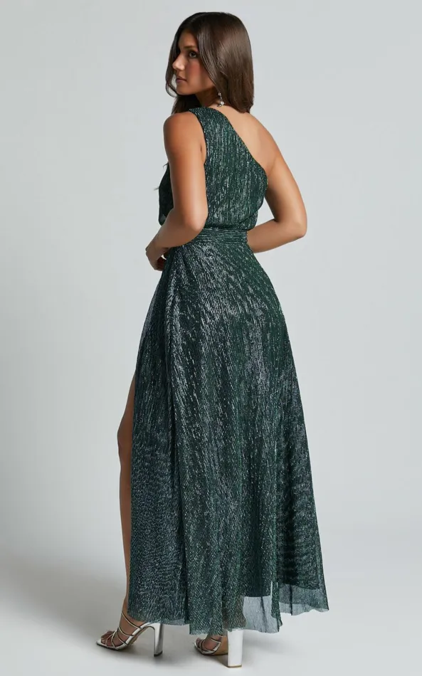 Showpo Isra Maxi Dress 8211 Lurex Slit Cut Out One Shoulder Dress In Emerald Women Dresses