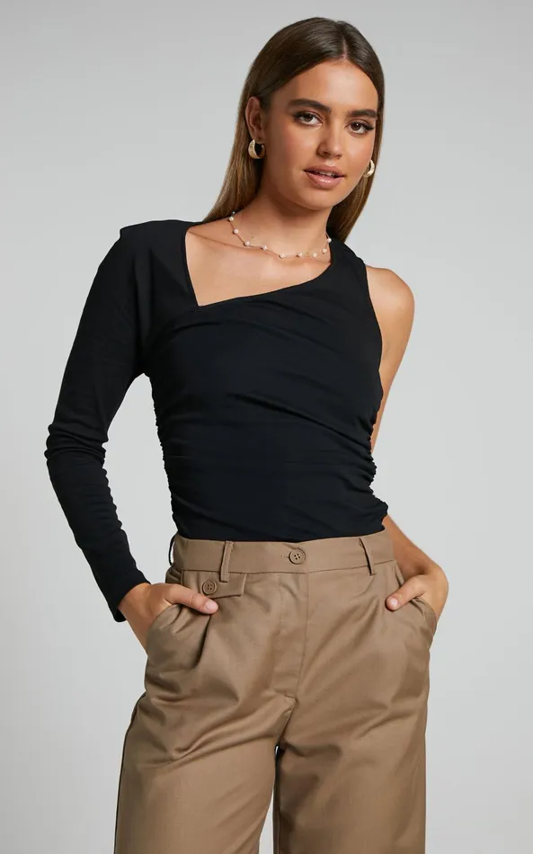 Showpo Itali Top 8211 Asymmetrical One Shoulder Sleeve Top In Black Women Tops