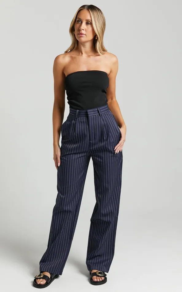 Showpo Iyah Pants 8211 High Waisted Tailored Pants In Navy Pinstripe Women Pants Showpo Iyah Pants 8211 High Waisted Tailored Pants In Navy Pinstripe Women Pants