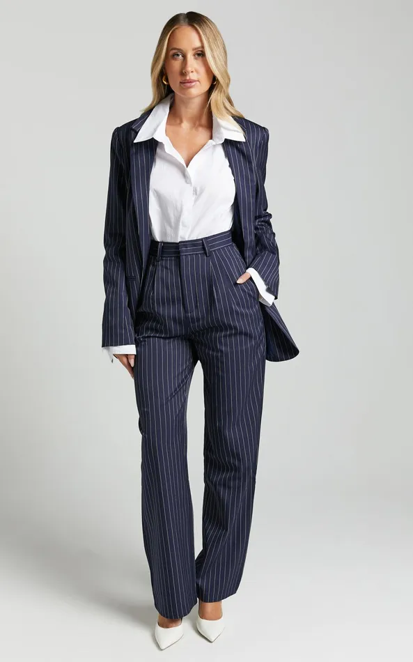 Showpo Iyah Pants 8211 High Waisted Tailored Pants In Navy Pinstripe Women Pants