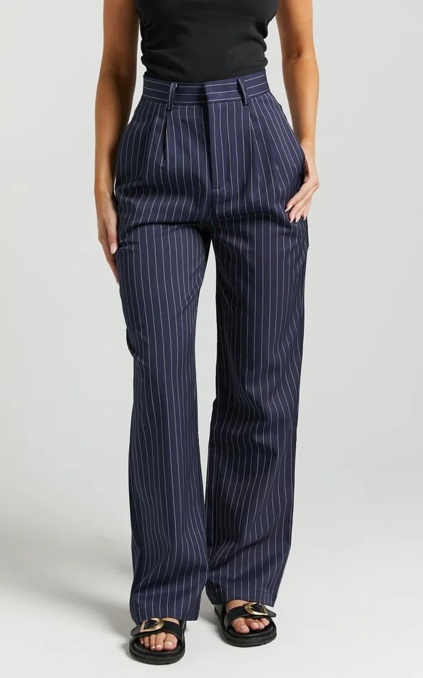 Showpo Iyah Pants 8211 High Waisted Tailored Pants In Navy Pinstripe Women Pants