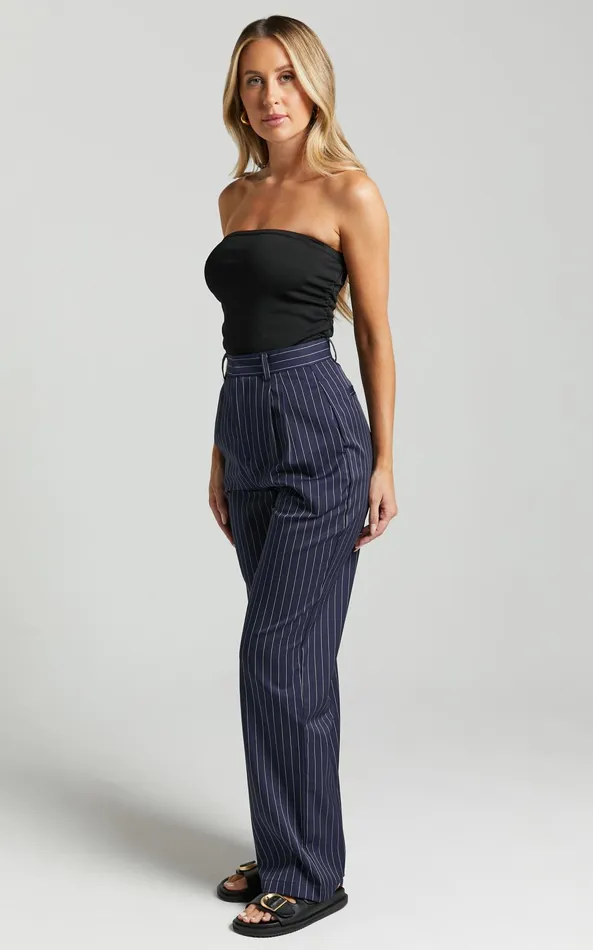 Showpo Iyah Pants 8211 High Waisted Tailored Pants In Navy Pinstripe Women Pants