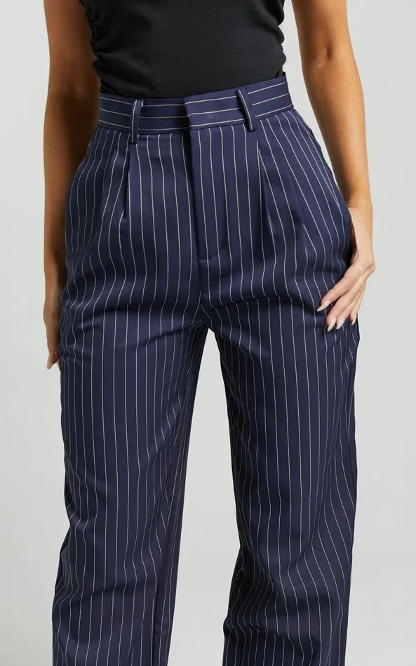 Showpo Iyah Pants 8211 High Waisted Tailored Pants In Navy Pinstripe Women Pants