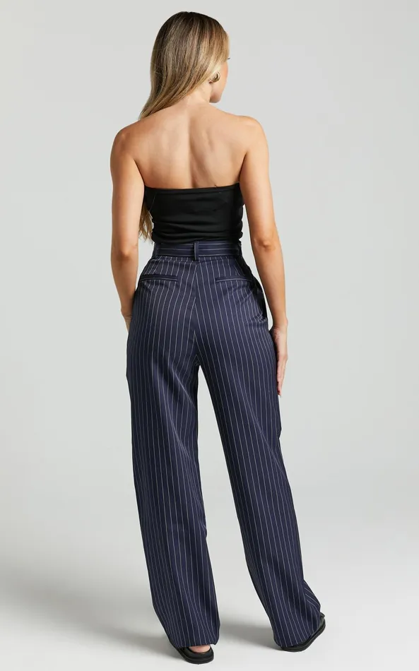 Showpo Iyah Pants 8211 High Waisted Tailored Pants In Navy Pinstripe Women Pants