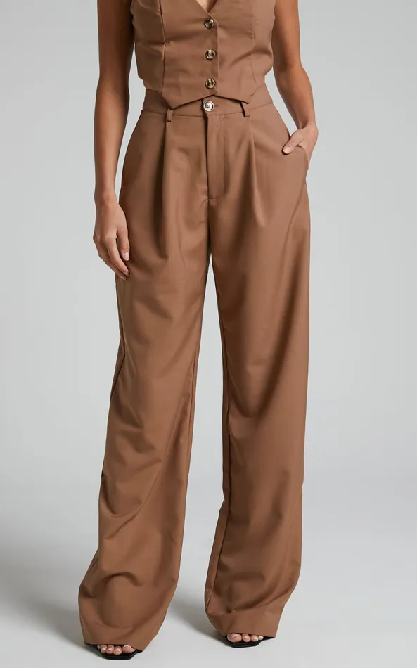 Showpo Izara Trousers 8211 Mid Rise Relaxed Straight Leg Tailored Trousers In Mocha Women Curve Clothes