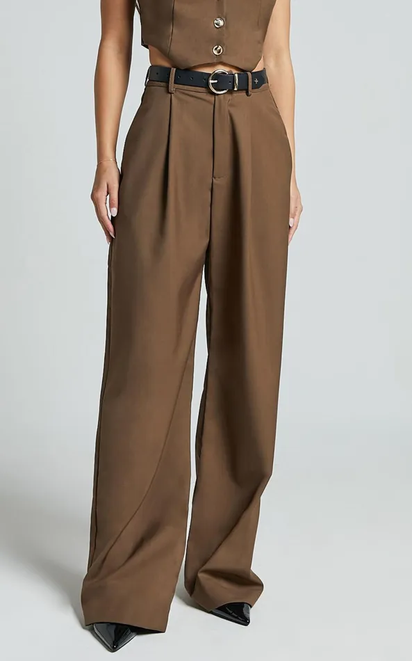 Showpo Izara Trousers 8211 Mid Rise Relaxed Straight Leg Tailored Trousers In Oak Women Pants