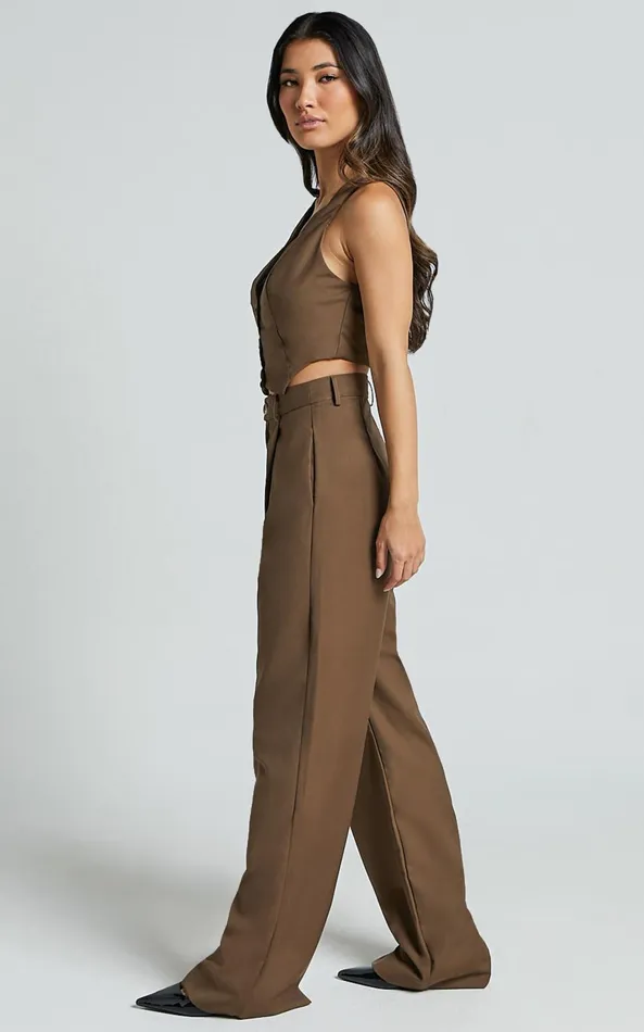 Showpo Izara Trousers 8211 Mid Rise Relaxed Straight Leg Tailored Trousers In Oak Women Pants