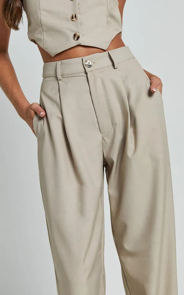 Showpo Izara Trousers 8211 Mid Rise Relaxed Straight Leg Tailored Trousers In Oatmeal Women Curve Clothes