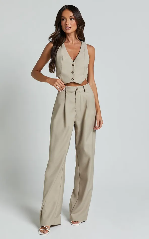 Showpo Izara Trousers 8211 Mid Rise Relaxed Straight Leg Tailored Trousers In Oatmeal Women Curve Clothes