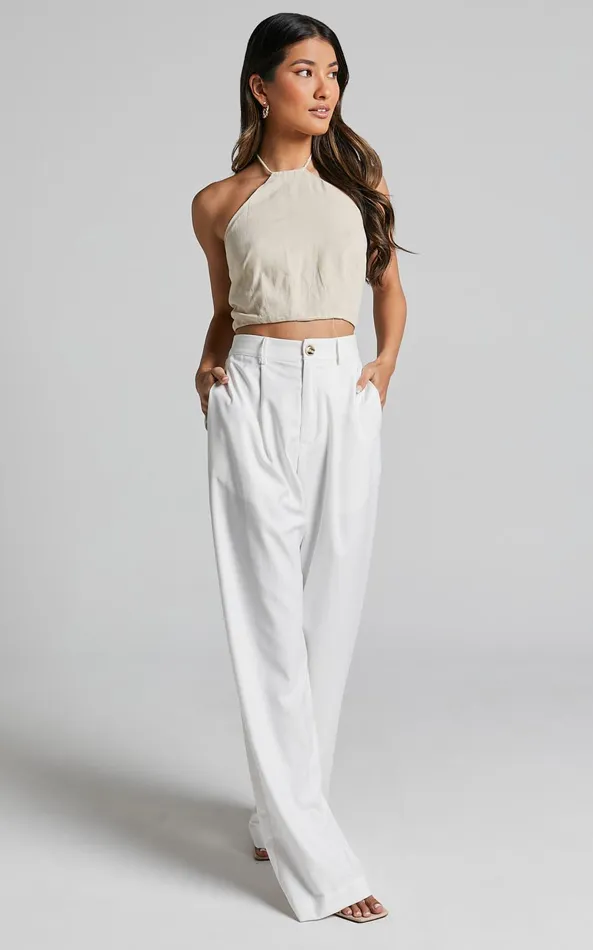 Showpo Izara Trousers 8211 Mid Rise Relaxed Straight Leg Tailored Trousers In Warm White Women Curve Clothes