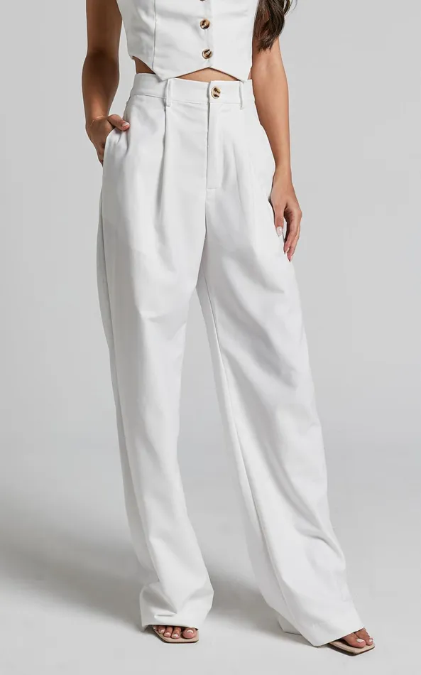 Showpo Izara Trousers 8211 Mid Rise Relaxed Straight Leg Tailored Trousers In Warm White Women Curve Clothes
