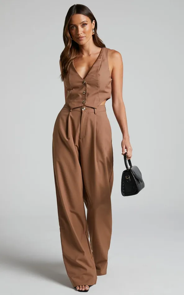 Showpo Izara Vest 8211 V Neck Button Up Cropped Vest In Mocha Women Curve Clothes