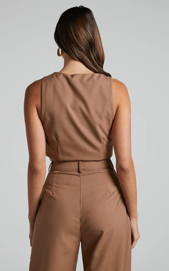 Showpo Izara Vest 8211 V Neck Button Up Cropped Vest In Mocha Women Curve Clothes