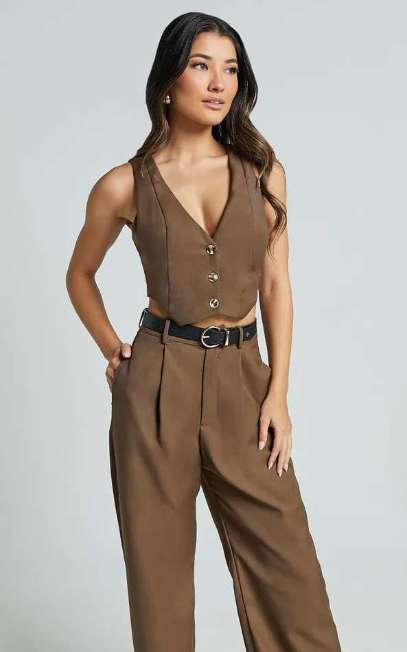Showpo Izara Vest 8211 V Neck Button Up Cropped Vest In Oak Women Tops
