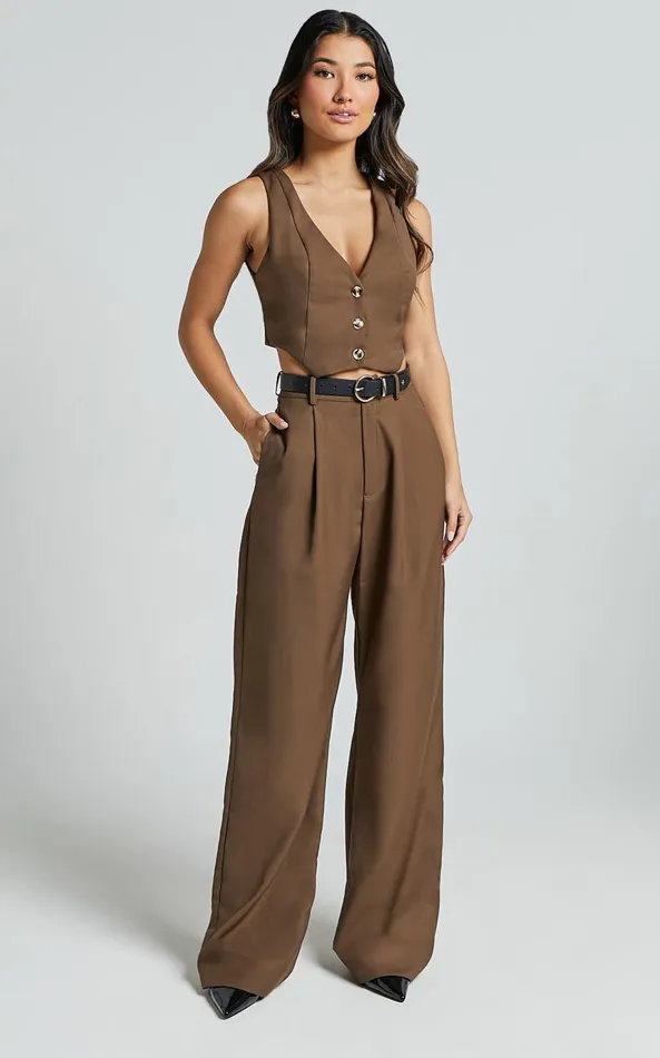 Showpo Izara Vest 8211 V Neck Button Up Cropped Vest In Oak Women Tops