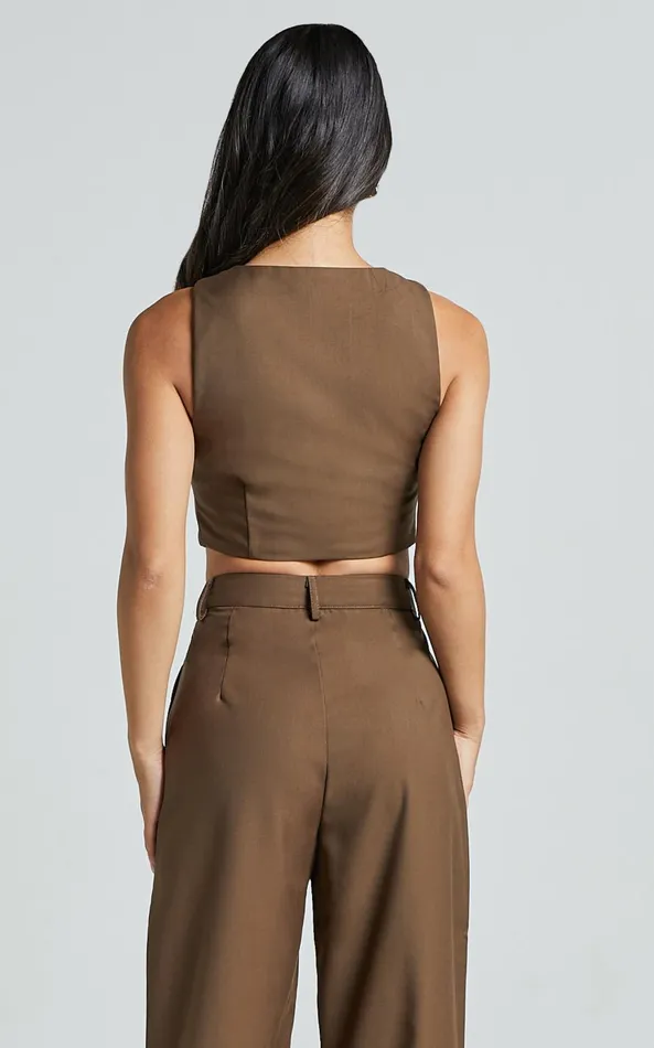 Showpo Izara Vest 8211 V Neck Button Up Cropped Vest In Oak Women Tops