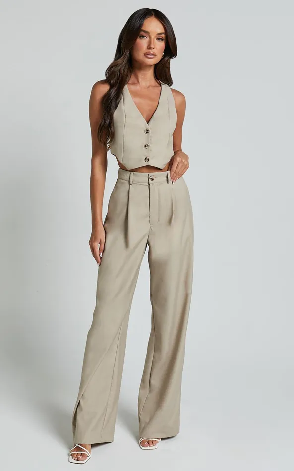 Showpo Izara Vest 8211 V Neck Button Up Cropped Vest In Oatmeal Women Curve Clothes