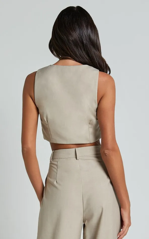 Showpo Izara Vest 8211 V Neck Button Up Cropped Vest In Oatmeal Women Curve Clothes