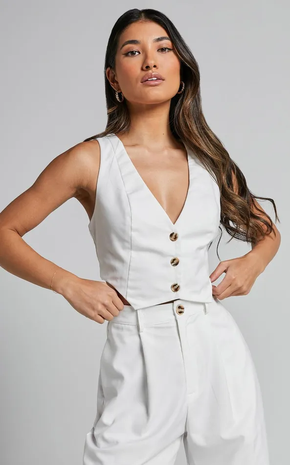 Showpo Izara Vest 8211 V Neck Button Up Cropped Vest In Warm White Women Curve Clothes