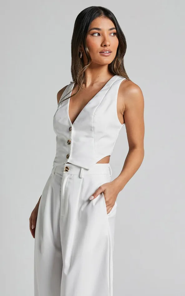Showpo Izara Vest 8211 V Neck Button Up Cropped Vest In Warm White Women Curve Clothes