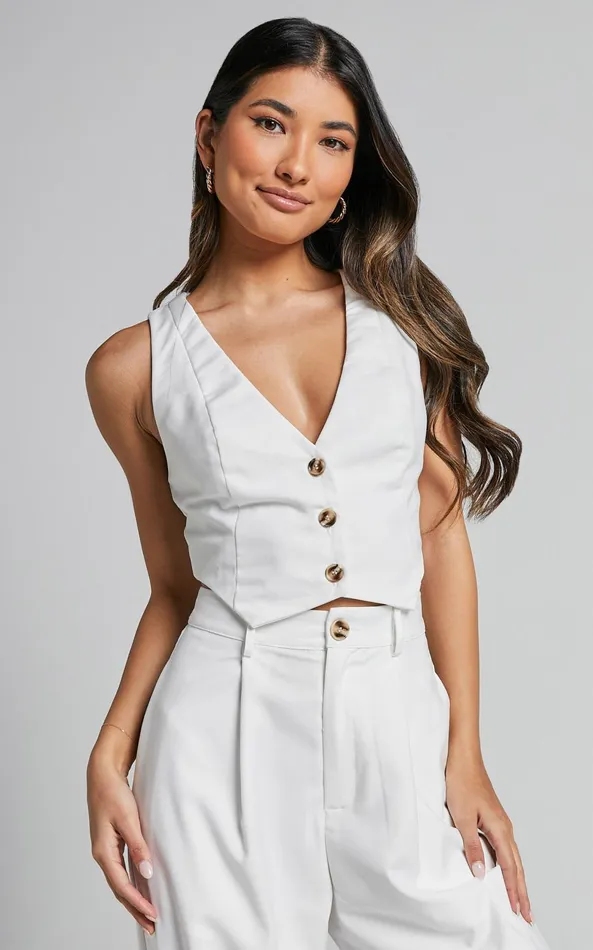 Showpo Izara Vest 8211 V Neck Button Up Cropped Vest In Warm White Women Curve Clothes