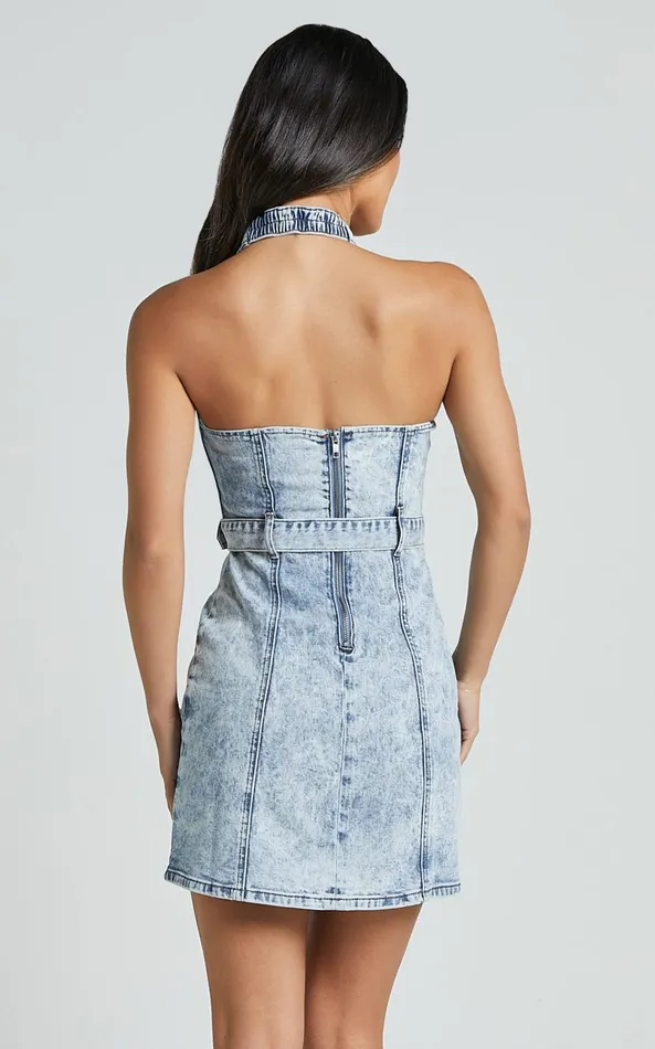 Showpo Izolda Mini Dress 8211 Halter Neck Belted Bodycon Denim Dress In Light Blue Acid Wash Women Dresses