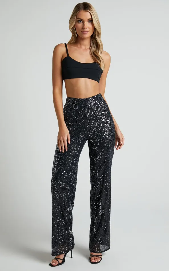 Showpo Izzie Pant 8211 Sequin High Waisted Straight Leg Pant In Black Women Pants