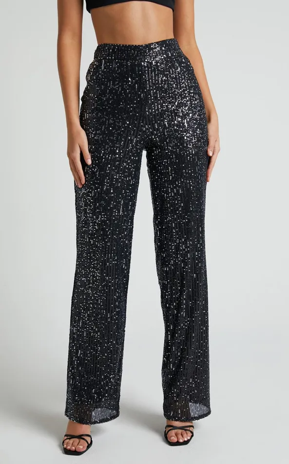 Showpo Izzie Pant 8211 Sequin High Waisted Straight Leg Pant In Black Women Pants