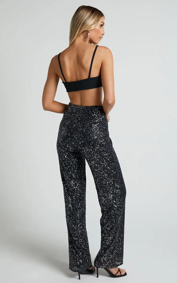 Showpo Izzie Pant 8211 Sequin High Waisted Straight Leg Pant In Black Women Pants